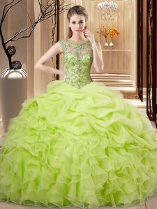 Beauteous Yellow Green Organza Lace Up Quinceanera Dress Sleeveless Floor Length Beading and Ruffles and Pick Ups