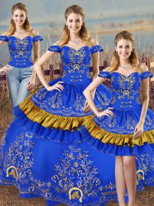 Delicate Blue Ball Gowns Off The Shoulder Sleeveless Satin Lace Up Embroidery Vestidos de Quinceanera