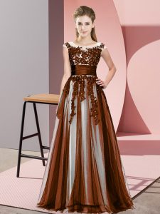 Brown Scoop Neckline Beading and Lace Court Dresses for Sweet 16 Sleeveless Zipper
