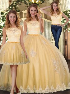 Floor Length Gold 15 Quinceanera Dress Scoop Sleeveless Clasp Handle