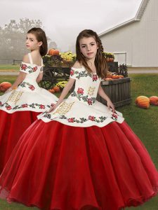 Red Sleeveless Embroidery Floor Length Little Girl Pageant Gowns