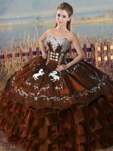 Trendy Satin and Organza Sweetheart Sleeveless Lace Up Embroidery and Ruffles Quinceanera Gowns in Brown