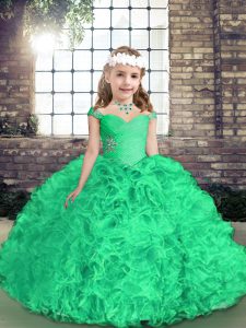 Green Girls Pageant Dresses Party and Wedding Party with Beading and Ruffles Straps Sleeveless Side Zipper