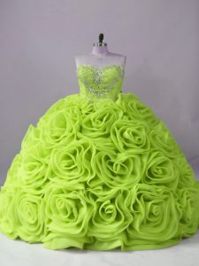 Artistic Yellow Green Ball Gowns Fabric With Rolling Flowers Sweetheart Sleeveless Beading Lace Up Quinceanera Gowns Brush Train