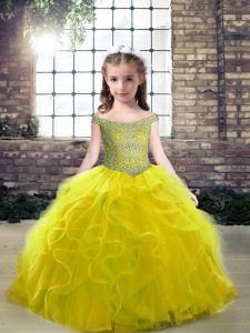 Olive Green Tulle Lace Up Off The Shoulder Sleeveless Floor Length Child Pageant Dress Beading and Ruffles