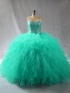Floor Length Lace Up Sweet 16 Dresses Turquoise for Sweet 16 and Quinceanera with Beading and Ruffles