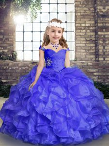 Dramatic Floor Length Ball Gowns Sleeveless Blue Pageant Gowns For Girls Lace Up