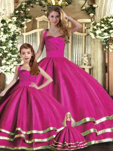 Fuchsia Quince Ball Gowns Military Ball and Sweet 16 and Quinceanera with Ruffled Layers Halter Top Sleeveless Lace Up