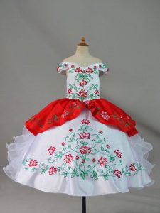 Custom Fit Sleeveless Satin and Organza Floor Length Lace Up Child Pageant Dress in White And Red with Embroidery and Ruffles