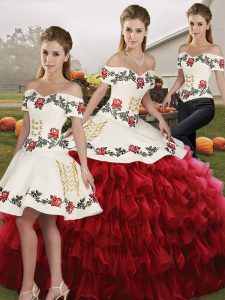 Trendy Wine Red Lace Up Off The Shoulder Embroidery and Ruffled Layers Quince Ball Gowns Organza Sleeveless
