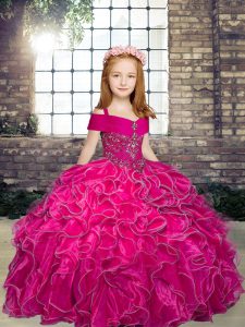Sleeveless Organza Floor Length Lace Up Pageant Gowns For Girls in Fuchsia with Beading and Ruffles