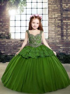 Green Sleeveless Tulle Lace Up Little Girls Pageant Gowns for Party and Wedding Party