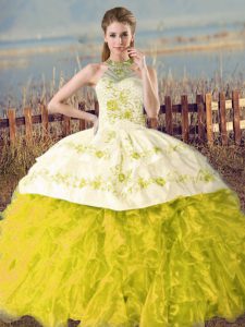 Halter Top Sleeveless Quinceanera Gowns Court Train Embroidery and Ruffles Yellow Green and Yellow Organza