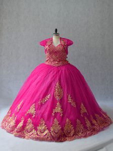 Hot Pink Ball Gown Prom Dress Tulle Court Train Sleeveless Appliques
