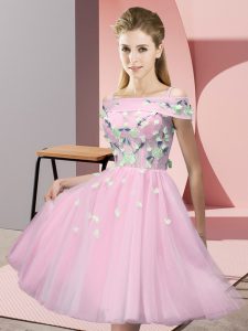 Short Sleeves Knee Length Appliques Lace Up Dama Dress for Quinceanera with Baby Pink