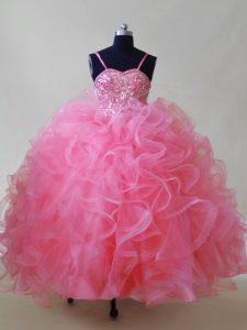 Fancy Pink Sleeveless Tulle Lace Up Kids Pageant Dress for Wedding Party
