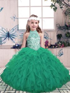 Green Lace Up Child Pageant Dress Beading and Ruffles Sleeveless Floor Length