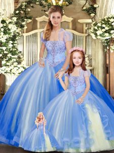 Beautiful Blue Tulle Lace Up Vestidos de Quinceanera Sleeveless Floor Length Beading and Ruffles