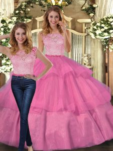 Sleeveless Lace Up Floor Length Lace and Ruffled Layers Quinceanera Gowns