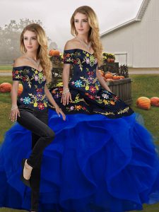 Artistic Floor Length Lace Up Quinceanera Gowns Blue And Black for Military Ball and Sweet 16 and Quinceanera with Embroidery and Ruffles