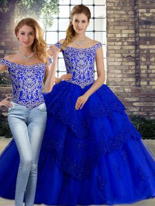 Fine Royal Blue Two Pieces Tulle Off The Shoulder Sleeveless Beading and Lace Lace Up Sweet 16 Quinceanera Dress Brush Train