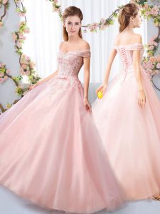 Captivating Pink Lace Up Dama Dress for Quinceanera Appliques and Belt Sleeveless Floor Length