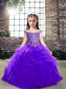Off The Shoulder Sleeveless Lace Up Glitz Pageant Dress Purple Tulle