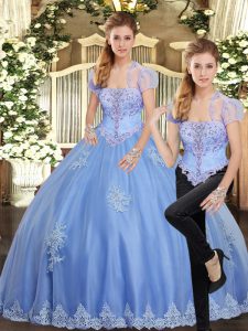 Sleeveless Floor Length Beading and Appliques Lace Up Quinceanera Gowns with Light Blue