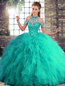 Floor Length Lace Up Ball Gown Prom Dress Turquoise for Military Ball and Sweet 16 and Quinceanera with Beading and Ruffles