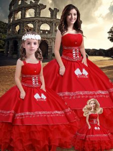Enchanting Red Ball Gowns Embroidery and Ruffles Sweet 16 Quinceanera Dress Lace Up Satin Sleeveless Floor Length