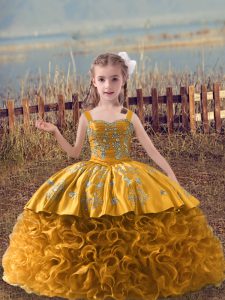 Top Selling Brown Ball Gowns Embroidery Girls Pageant Dresses Lace Up Fabric With Rolling Flowers Sleeveless