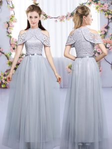Fashion Grey Empire Tulle High-neck Sleeveless Lace and Belt Floor Length Zipper Damas Dress