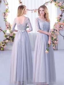 Grey Empire Lace and Belt Court Dresses for Sweet 16 Side Zipper Tulle Half Sleeves Floor Length