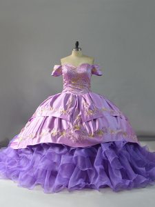 Comfortable Lace Up 15 Quinceanera Dress Lavender for Sweet 16 and Quinceanera with Embroidery and Ruffles Chapel Train