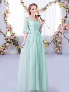Light Blue Tulle Side Zipper Court Dresses for Sweet 16 Half Sleeves Floor Length Lace and Belt