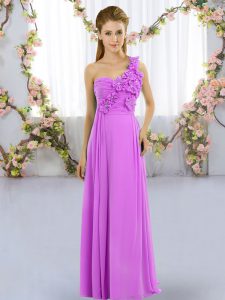 Fancy Empire Quinceanera Dama Dress Lilac One Shoulder Chiffon Sleeveless Floor Length Lace Up