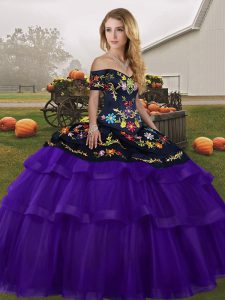 Eye-catching Black And Purple Ball Gowns Off The Shoulder Sleeveless Tulle Brush Train Lace Up Embroidery and Ruffled Layers Quinceanera Dresses
