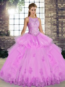 Lilac Ball Gowns Lace and Embroidery and Ruffles Quinceanera Gowns Lace Up Tulle Sleeveless Floor Length