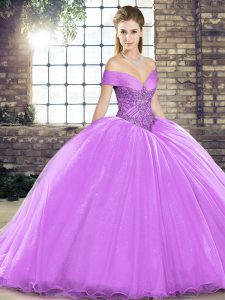 Sleeveless Brush Train Beading Lace Up Quince Ball Gowns