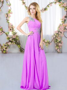 Best Lilac Empire One Shoulder Sleeveless Chiffon Floor Length Zipper Beading Quinceanera Court Dresses