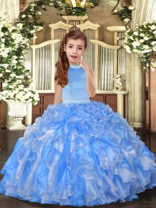 Floor Length Ball Gowns Sleeveless Baby Blue Little Girl Pageant Gowns Backless