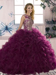 Floor Length Dark Purple Quinceanera Dresses Scoop Sleeveless Lace Up