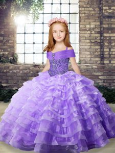 Customized Lavender Sleeveless Organza Brush Train Lace Up Pageant Gowns for Party and Wedding Party