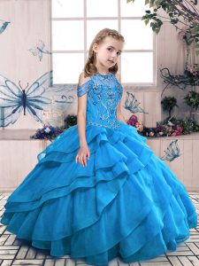 Discount Aqua Blue Ball Gowns Organza High-neck Sleeveless Beading and Ruffles Floor Length Lace Up Little Girl Pageant Dress