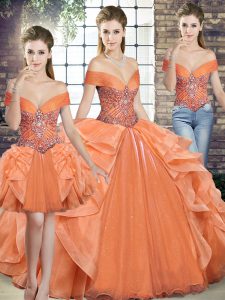 Orange Three Pieces Organza Off The Shoulder Sleeveless Beading and Ruffles Floor Length Lace Up 15th Birthday Dress