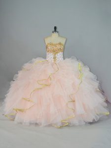 Peach Ball Gowns Beading and Ruffles Quinceanera Dress Lace Up Organza Sleeveless Floor Length