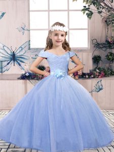 Wonderful Light Blue Tulle Lace Up Pageant Dress Sleeveless Floor Length Lace and Belt