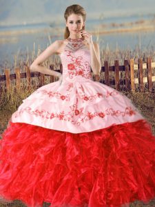 Halter Top Sleeveless Quinceanera Dress Floor Length Court Train Embroidery and Ruffles Red Organza
