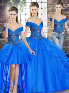 Dramatic Royal Blue Tulle Lace Up Off The Shoulder Sleeveless Floor Length Sweet 16 Dresses Beading and Ruffles