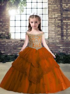 Latest Rust Red Off The Shoulder Lace Up Beading and Appliques High School Pageant Dress Sleeveless